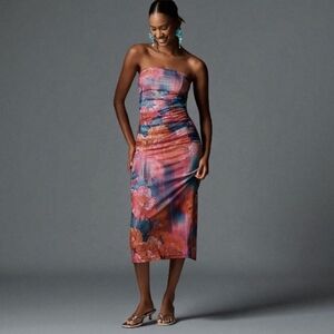 NWT Anthropologie The Soleil Slim Strapless Ruched Mesh Dress Midi Floral MD